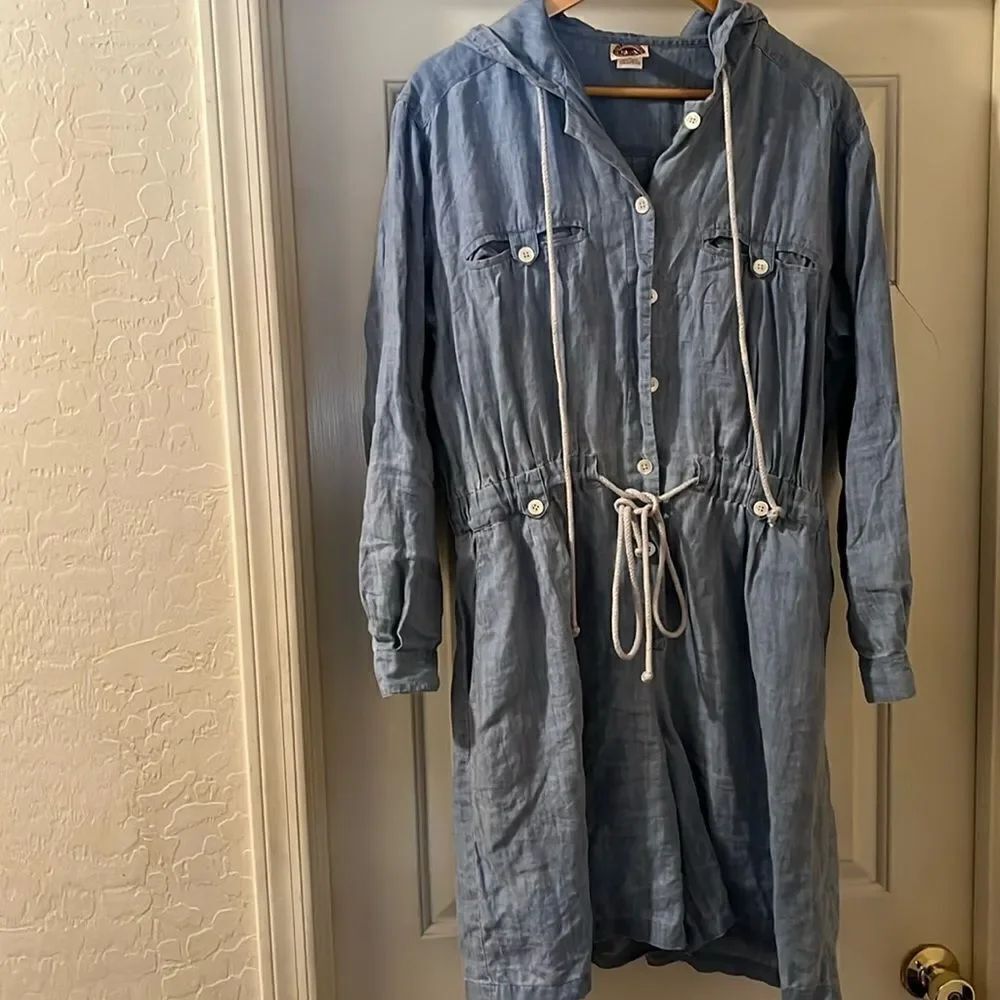 Vintage Saks Fifth Avenue Blue Chambray Linen Hooded Cinched Waist Romper